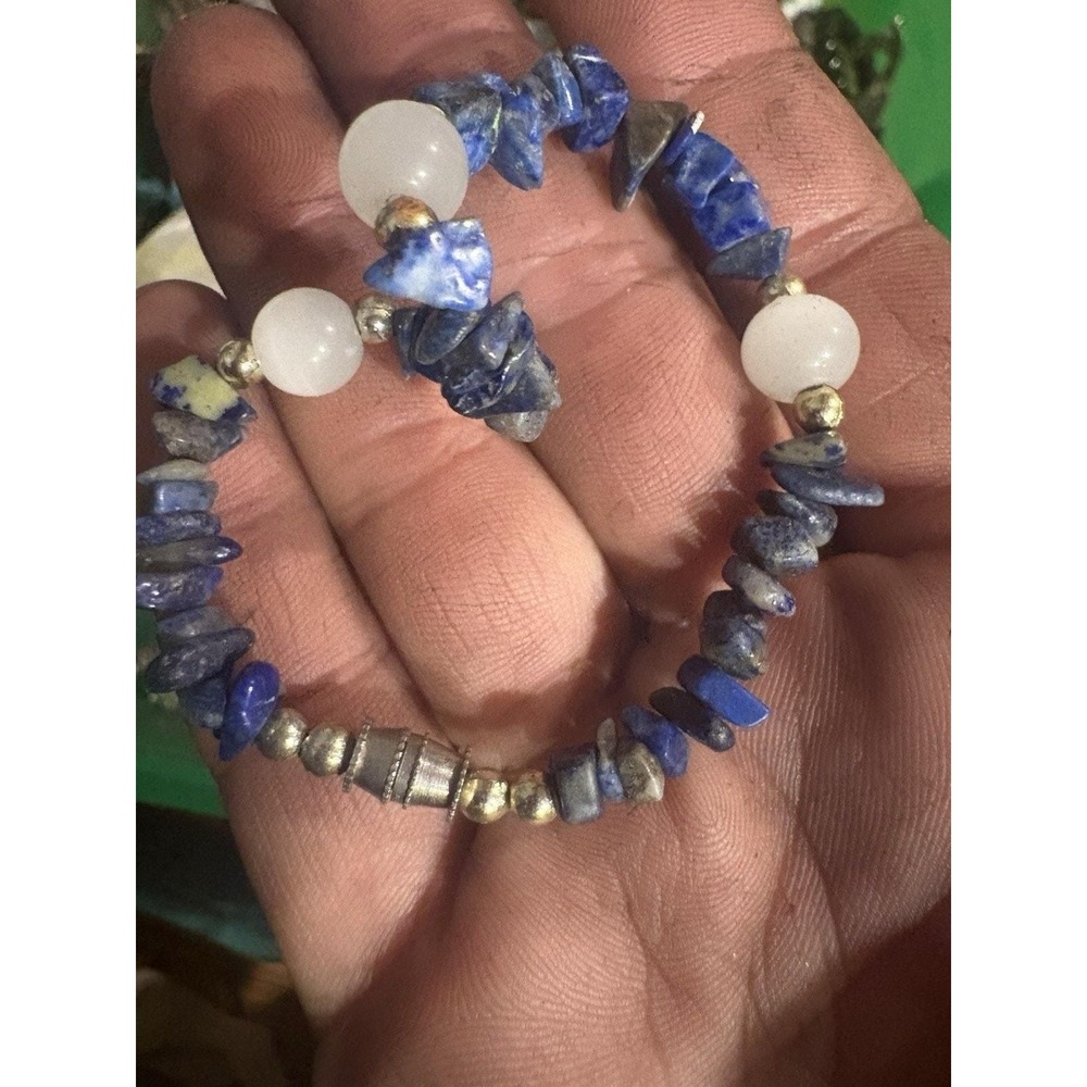 Handcrafted Lapis Lazuli Moonstone Chip Bead Bracelet Blue White Boho Artisan
